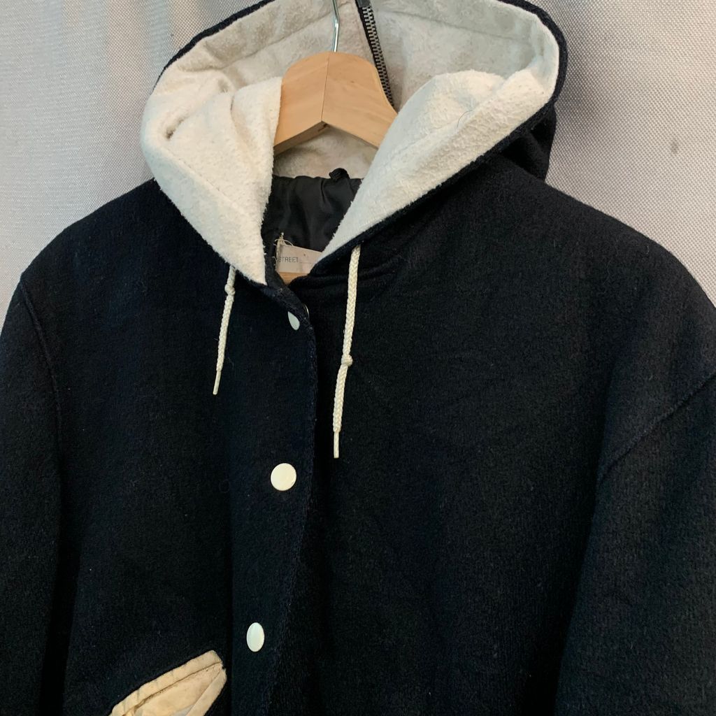 80s デロング De LONG スタジャン フード付き アワードジャケット 黒 白 Black White 38 サイズ No.I407