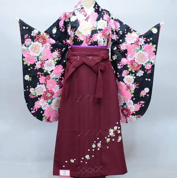 振袖 袴 フルセット 2種類 二尺袖 着物 袴 フルセット 百花斉放 着物丈はショート丈 黒地 袴変更