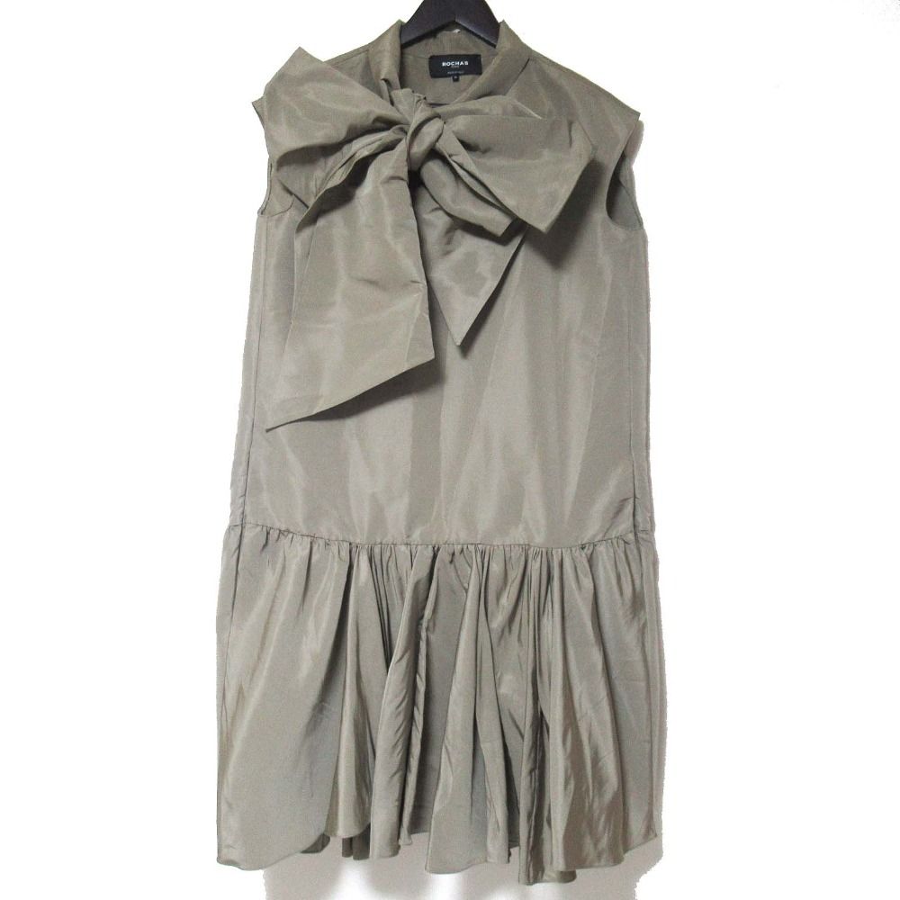 美品 ROCHAS ロシャス ノースリーブ ひざ丈 リボン フレアヘム