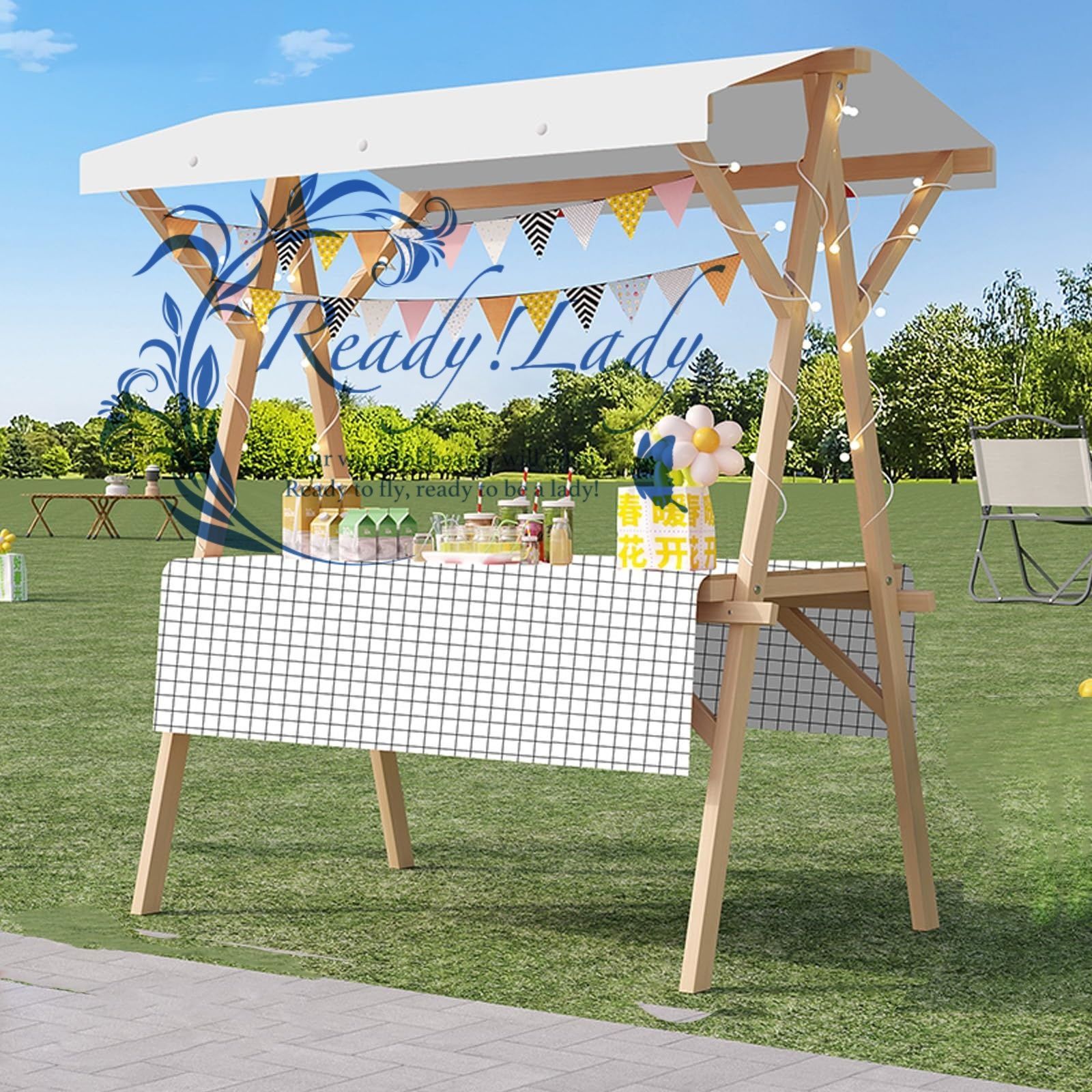 屋台ブース 木製 折りたたみ式 仮設屋台セット 幅120×奥行60×高さ200cm フードカート 屋外販売スタンド 移動販売 組立簡単 軽量 頑丈構造 耐荷重180kg テント付き 屋根付き 装飾旗付き 白 チェック柄 120X60X200CM