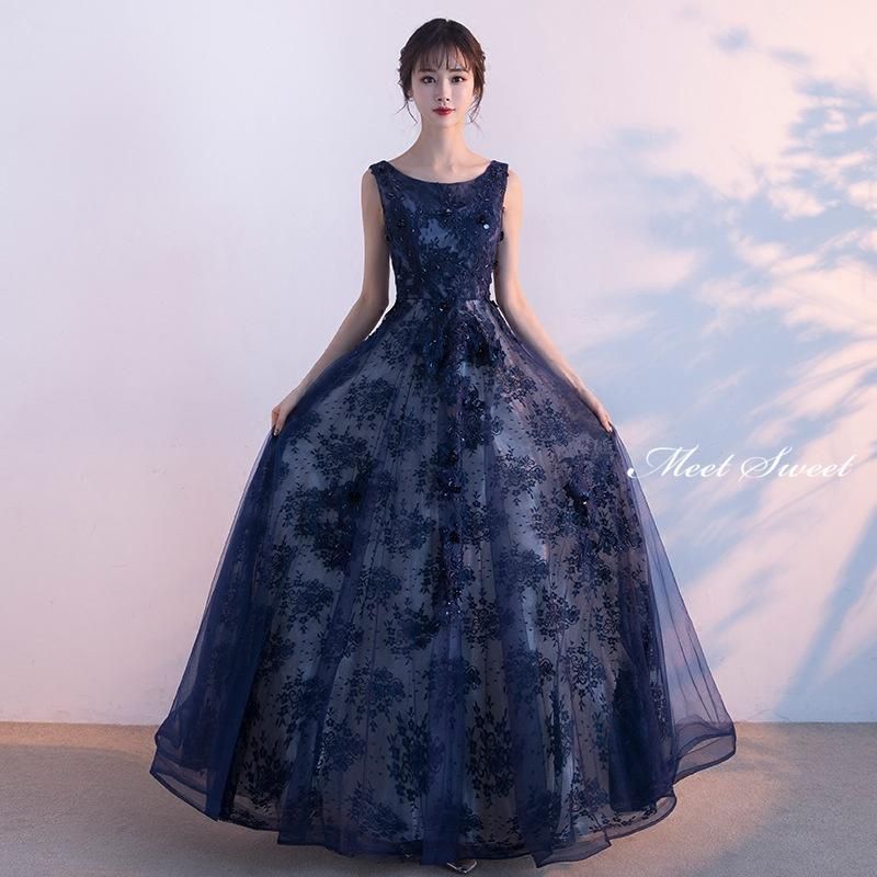 ドレス ロングドレス ネイビー 花柄 ノースリーブ パーティードレス ウェディングドレス ウエディングドレス 結婚式 二次会 披露宴
