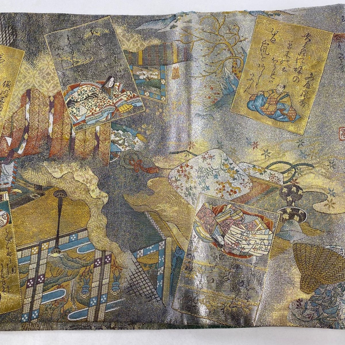 袋帯 名品 両面全通総絵図 二十四金箔プラチナ箔 小倉百人一首