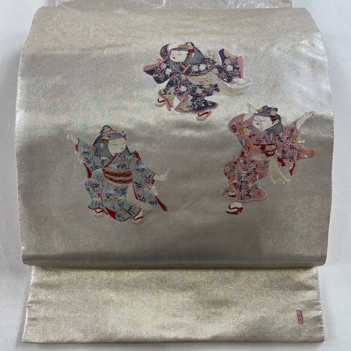 袋帯 名品 由水十久監修 落款 童 刺繍 箔 銀色 お太鼓柄 正絹