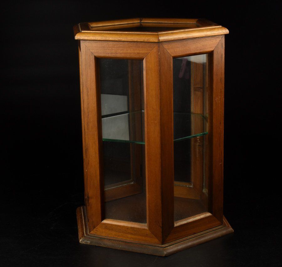 蔵A2645 木製枠 六角 卓上ガラスケース ディスプレイ棚 店舗什器