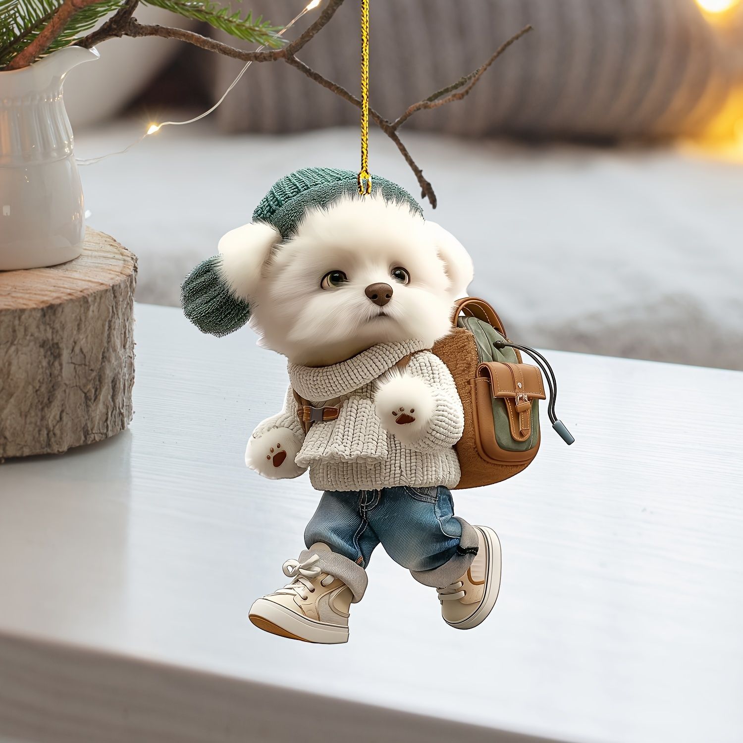キーホルダー 犬 トイプードル 白 二足歩行 2D アクリル 8cm 冬