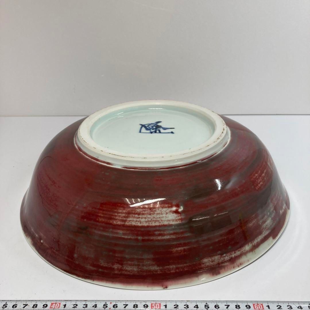 吉田隆　紬裏紅花鳥文大鉢　共箱　タカオ　直径39㎝　東ま5-1111③ 吉田隆 紬裏紅花鳥文大鉢 共箱 タカオ 直径39㎝ 東ま5-1111③