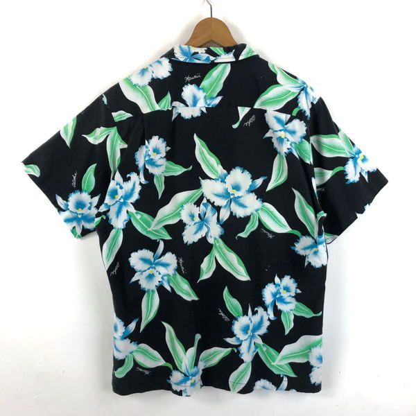 【古着】 Orchid Fashions? ハワイアンシャツ 開襟 花 ボタニカル 半袖 ブラック系 メンズL 【中古】 n053962