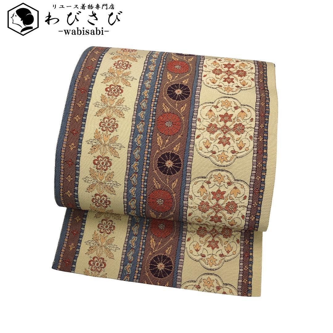 名古屋帯 博多織 縦柄花模様 魚子黄色 O-5539