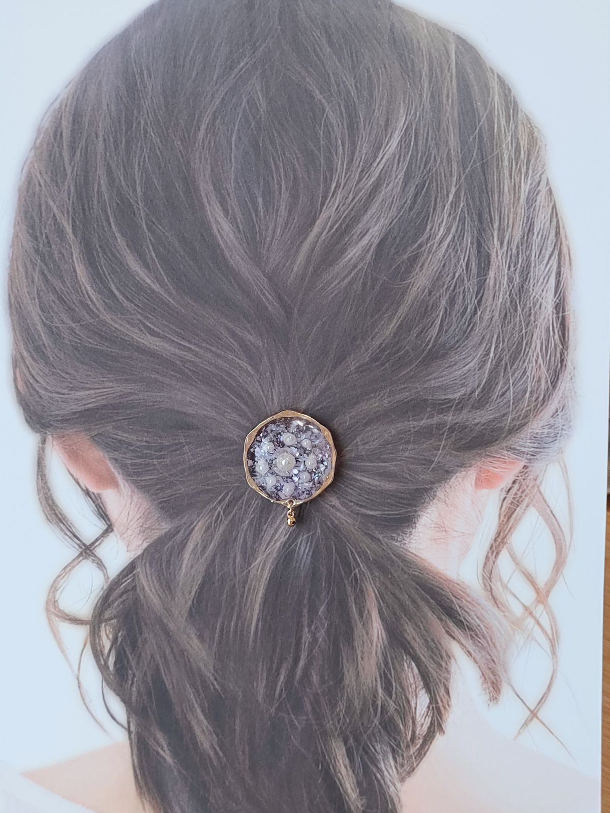 旧★レジンヘアゴム ビジュー　パープルピンク　シェル　豪華　パール No.41】レジンヘアゴム パープル×シェル×パール ゴールド縁取り 揺れる