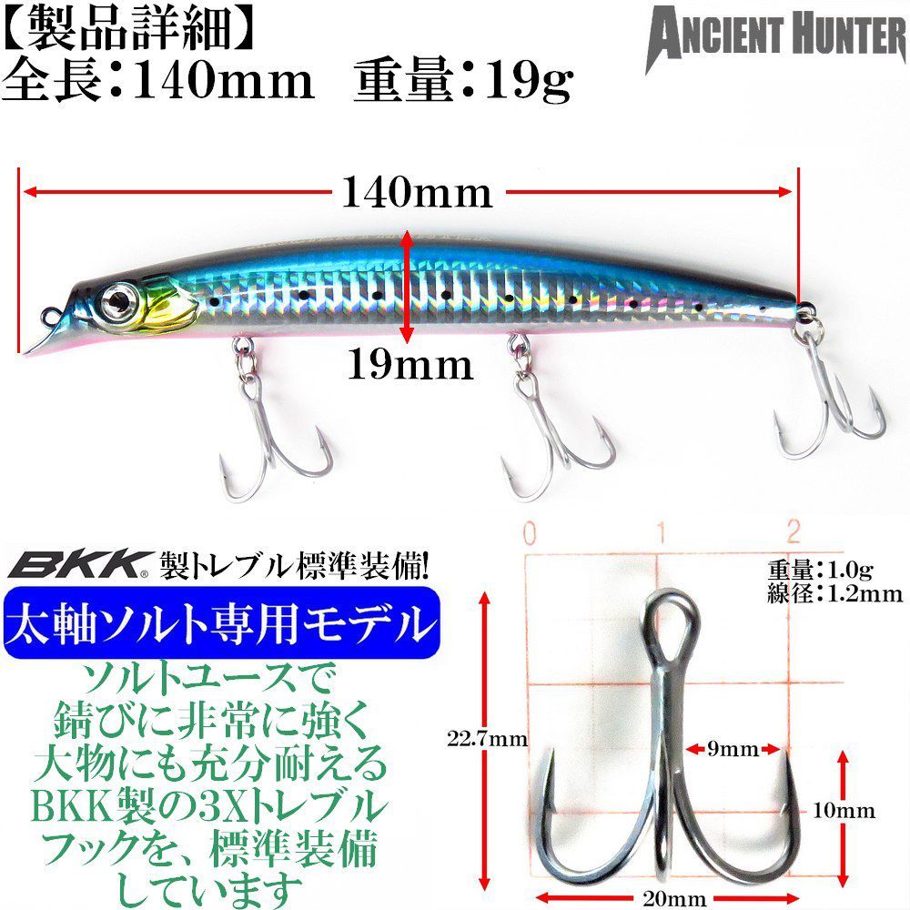 フローティングミノー 19g 140mm リップルTF-140 リップレスフローティングミノー 強度重視のBKK製フック装備 シーバス ヒラスズキ  ヒラメ マゴチ 青物 チニング ソルトルアー ルアー ミノー ジギンガーZ AncienHunter - メルカリ