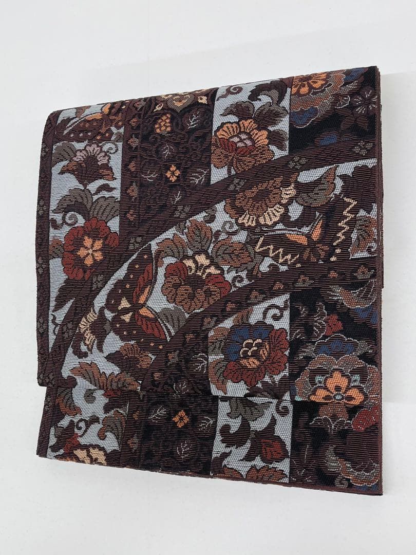 モール織 更紗 唐花 蝶 袋帯 正絹 六通 Q1105
