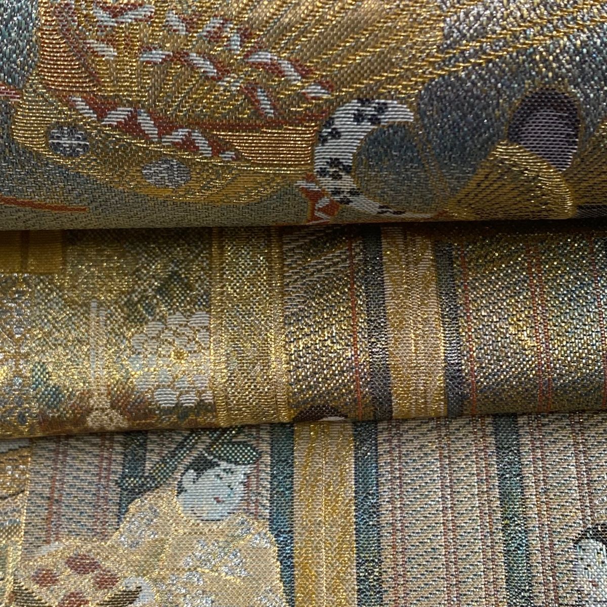 未使用 丸帯 平安雅祭礼図 風景 労っ 人物 金糸 箔 銀色 全通 正絹 