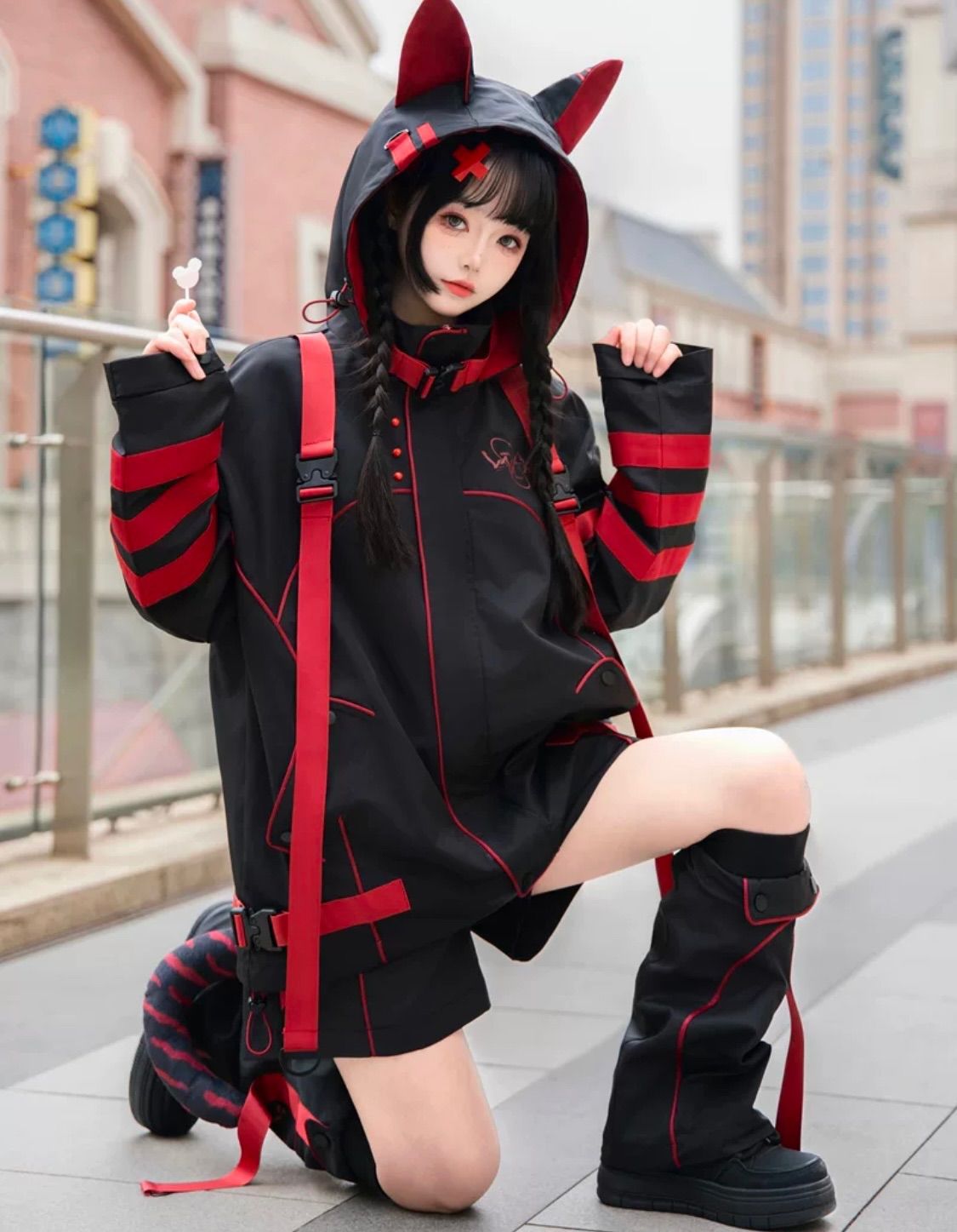 レッド 猫耳 猫 セットアップ サイバー 渦雷系 コスプレ サブカル 服