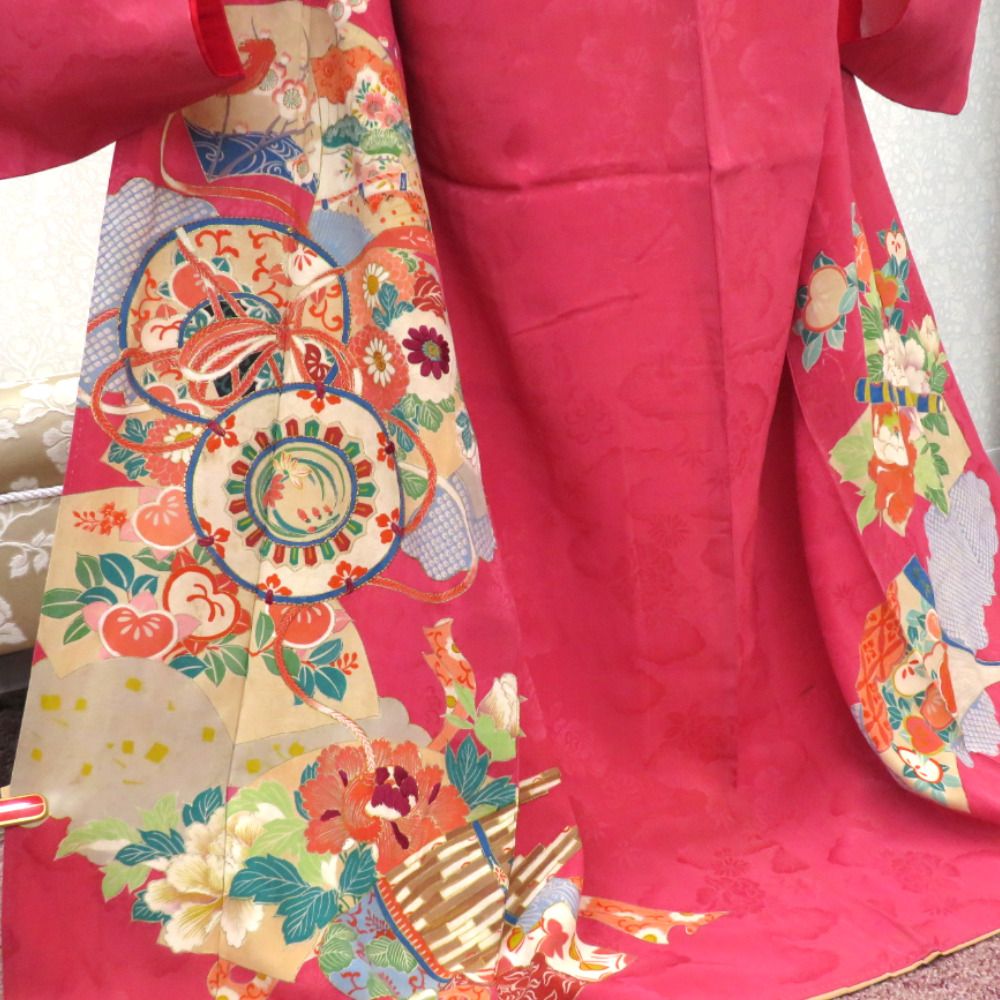 訪問着 昔 アンティーク 昔着物 ピンク 多色 扇面 花 雅楽器 一部刺繍  