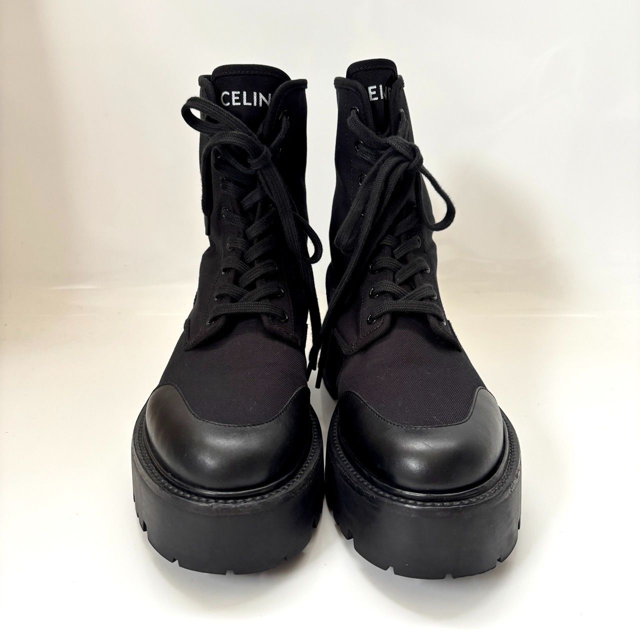 美品 CELINE/セリーヌ キャンバス レザー バルギー レースアップ  