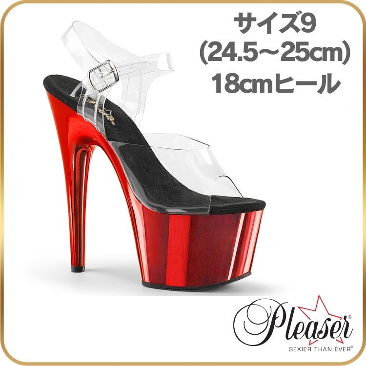 24.5 25 Pleaser プリーザー サンダル 厚底 18cm ヒール 透明 クリア 赤 レッド クロム アンクルストラップ セクシー ハイヒール ピンヒール キャバ ポールダンス 衣装 パーティー 靴 シューズ レディース メンズ