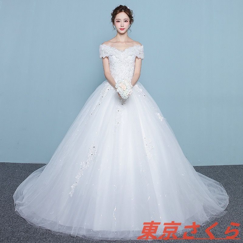 ウェディングドレス ウエディングドレス オフショルダー 二次会 結婚式 前撮り ブライダル ロングドレス 花嫁 プリンセスドレス プリンセスqwert336