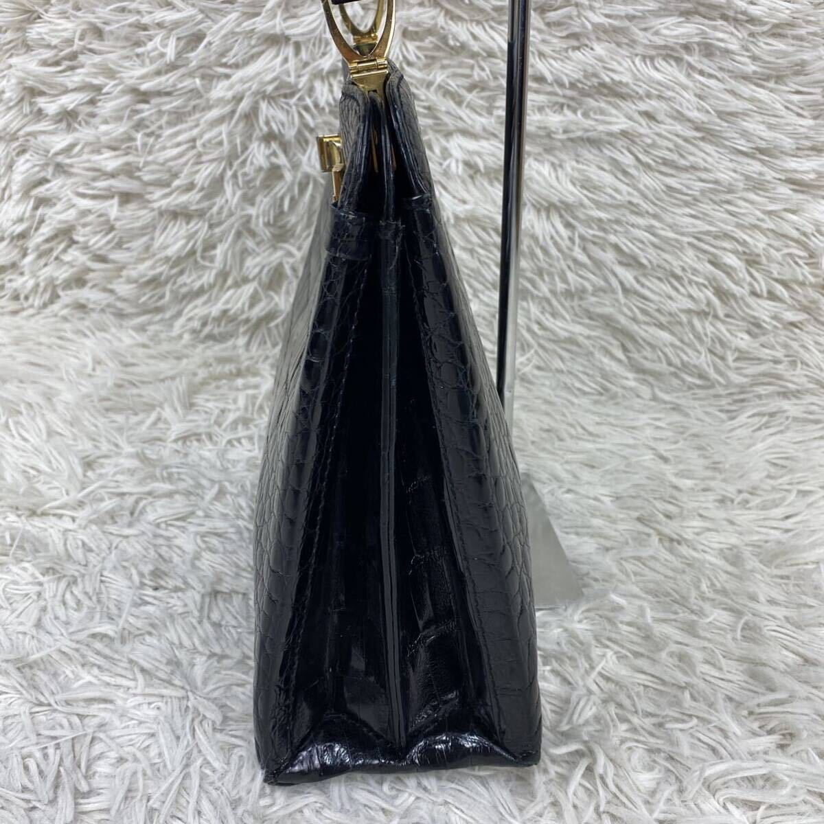 リアルクロコダイル ハンドバッグ ブラック シャイニング ゴールド金具 A4収納 MQ-00038 リアルクロコ エキゾチック ハンドバッグ トートバッグ