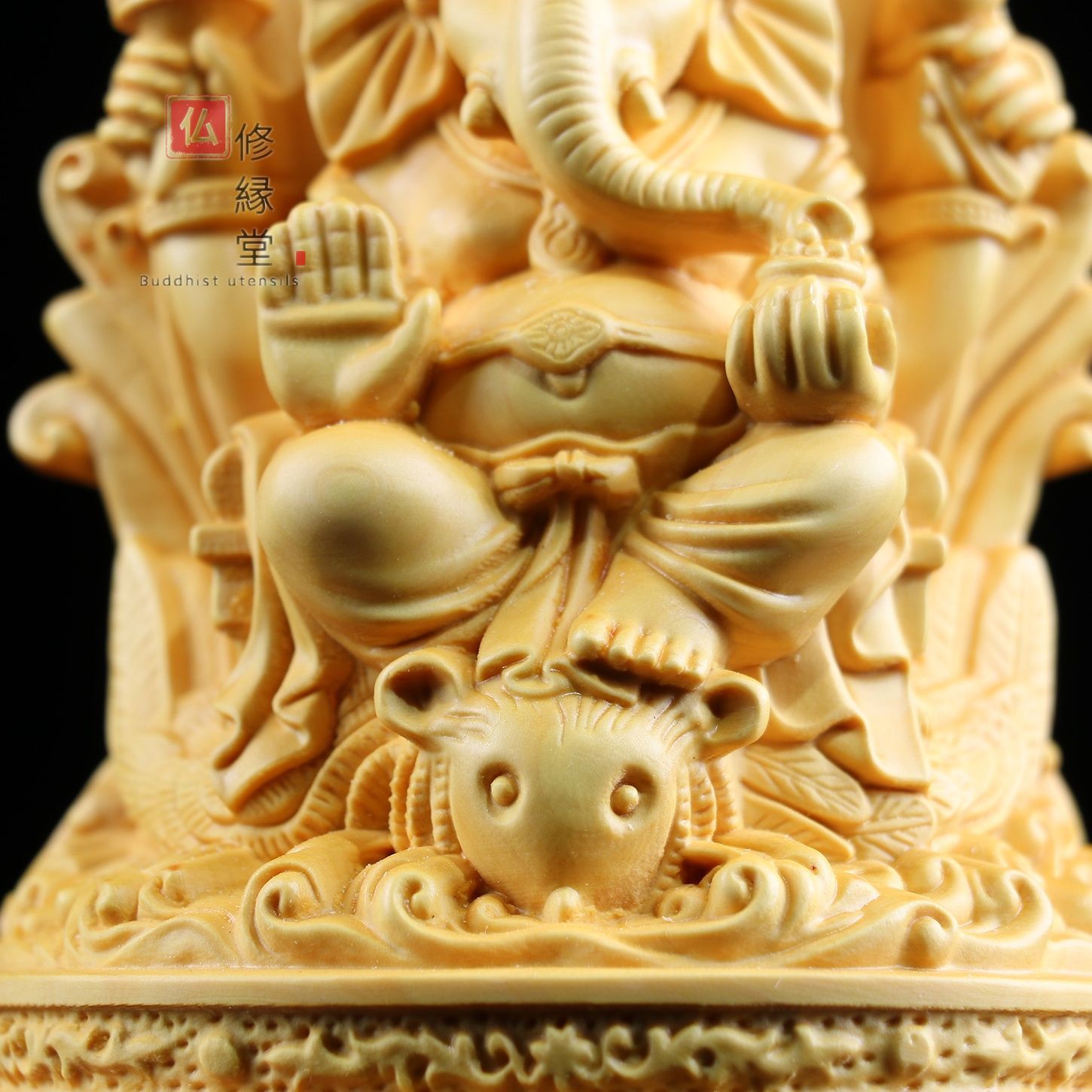 修縁堂】極上品 木彫り 神像 象神座像 彫刻 仏教工芸品 柘植材 仏師で 