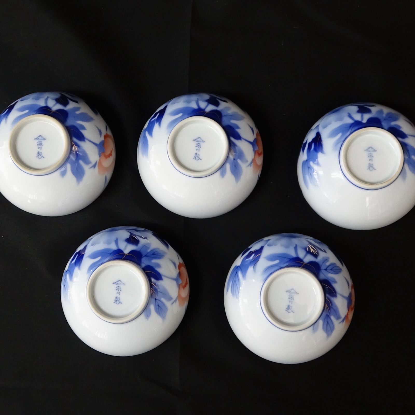 FUKAGAWA PORCELAIN 深川製磁 湯飲み 汲出揃 蓋つき 牡丹 深川製磁 5客