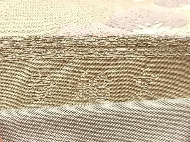 ゆりのはな　未使用品　袋帯　丸文　ほていや　六通柄　クリーム色系　長尺　G806 平和屋着物◎六通柄袋帯 唐織 貴船文 銀糸 正絹 逸品 BAAU5636hv
