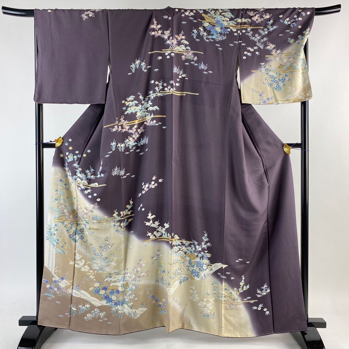 訪問着 身丈161.5cm 裄丈70cm L 袷 松竹梅 建物 金糸 金彩 灰紫