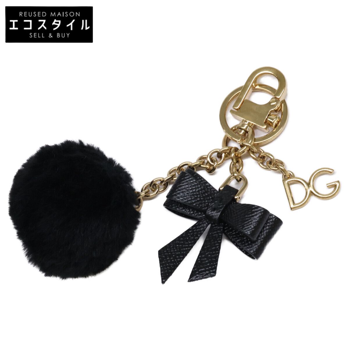 DOLCE-GABBANA ドルチェアンドガッバーナ DGロゴチャーム リボン エコファーポンポン