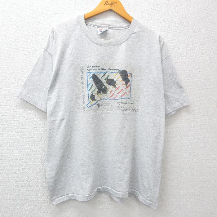 XL/古着 ヘインズ 半袖 ビンテージ Tシャツ メンズ 90s ワシ 羽 サイン入り 大きいサイズ クルーネック グレー 霜降り spe 23jul31 中古