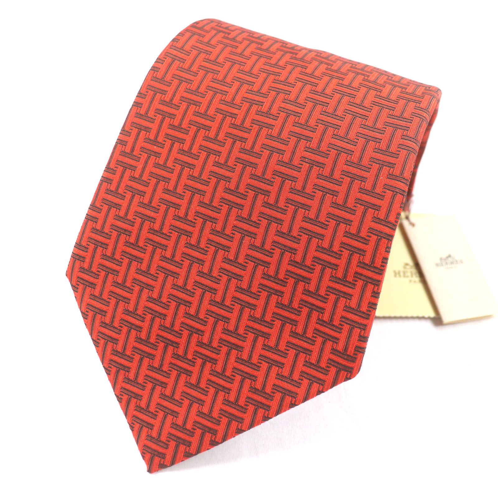 HERMES エルメス シルク ROUGE VIF|GRIS FONCE H柄 ネクタイ フランス製 メンズ ビジネスオスス◎