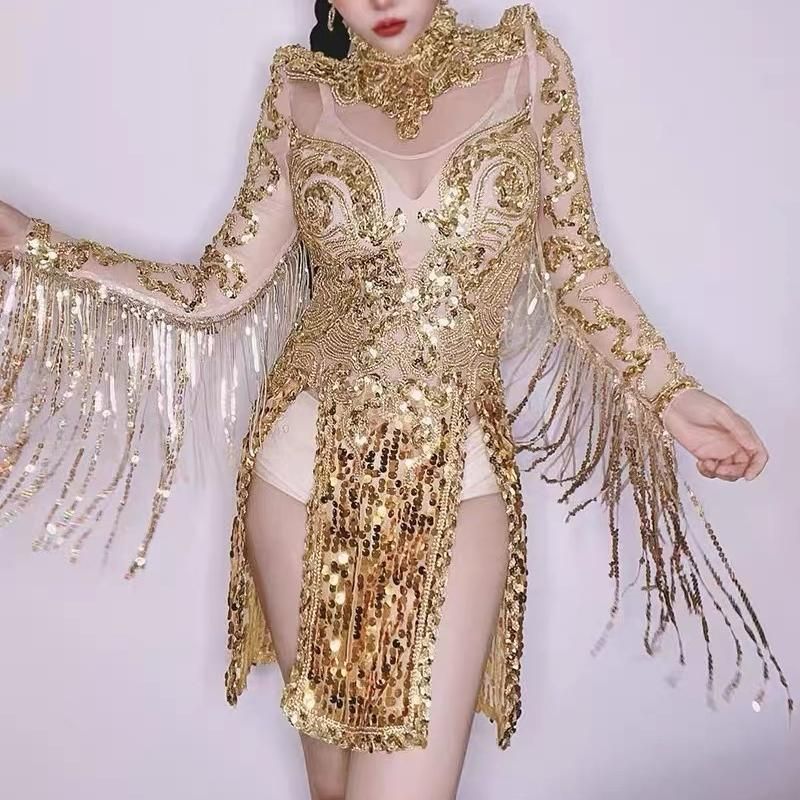 鍛造製 社交ダンスドレス ベリーダンス衣装 ゴールド ラメ フリンジ ラテンダンス ステージ衣装 セクシー スリット パーティードレス