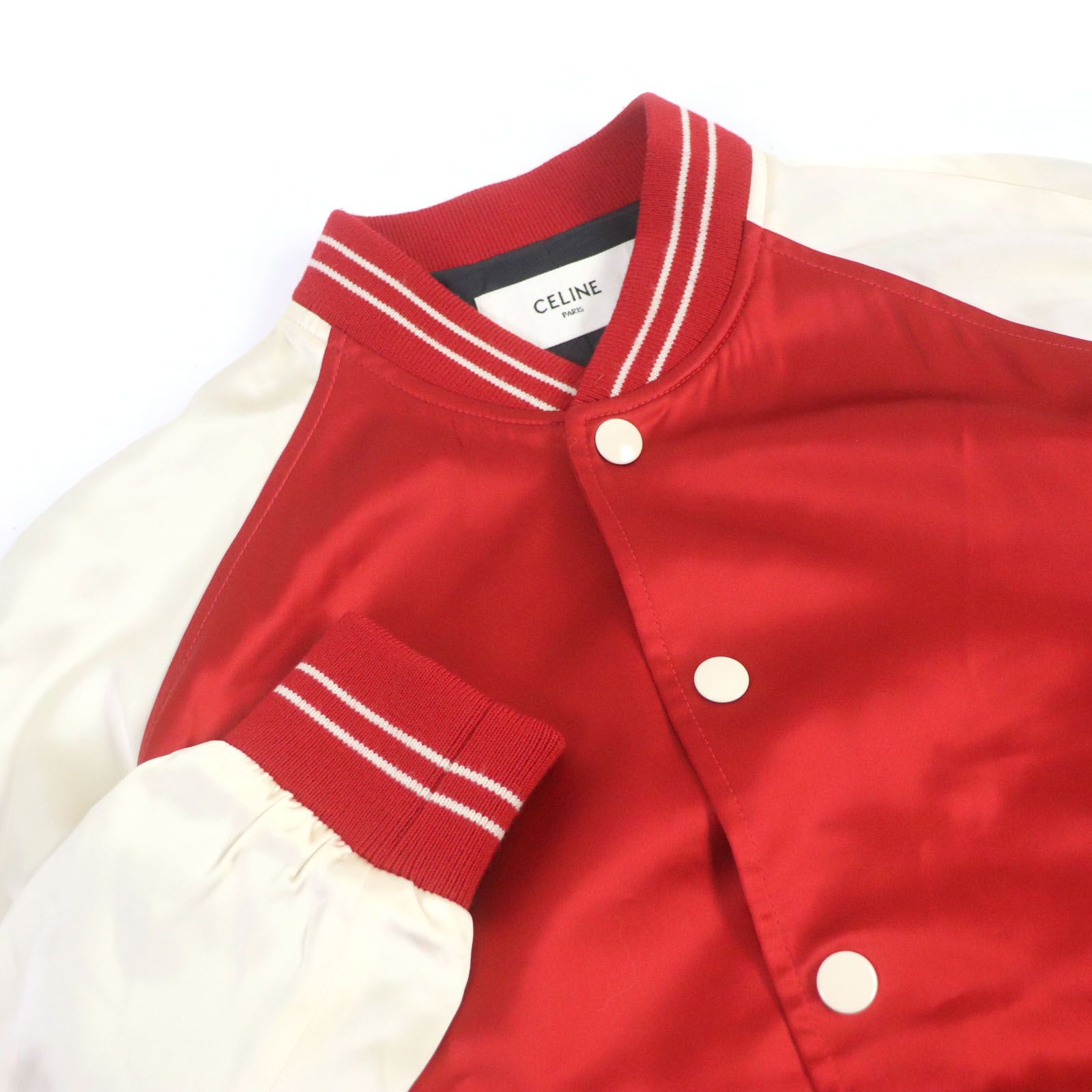 極美品□CELINE セリーヌ 21SS 2V87C851C THE DANCING KID TEDDY JACKET バックロゴ スタッズ サテン テディジャケット  スタジャン レッド 48 ハンガー・ガーメント付き イタリア製 正規品 メンズ|mercariメルカリ官方指定廠商|Bibian比比昂代買代購