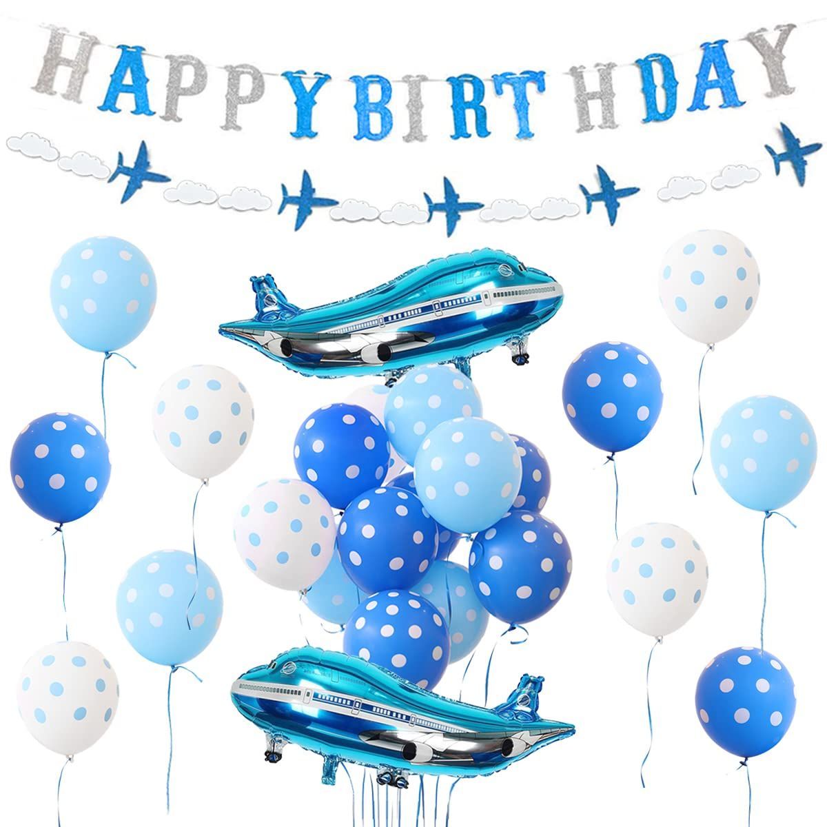 【新着商品】バルーン 誕生日 飾り付け 男の子 風船 ヘリコプター ブルー happy birthday 飛行機 バナー ガーランド ホワイト 33枚セット