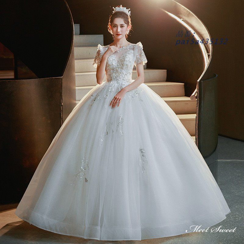 ウェディングドレス ロングドレス プリンセスラインドレス 半袖 二次会 結婚式 ブライダル 前撮り チュール 花嫁 挙式 ウエディングドレス ビーズ pai5a435132