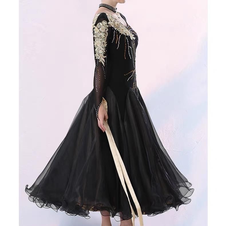 社交ダンスドレス モダンダンス 刺繍 キラキラ シャンパン オーダーメイド 競技ダンスドレスブ ラック ゴールド LLC-HASEGAWATOSO_COM