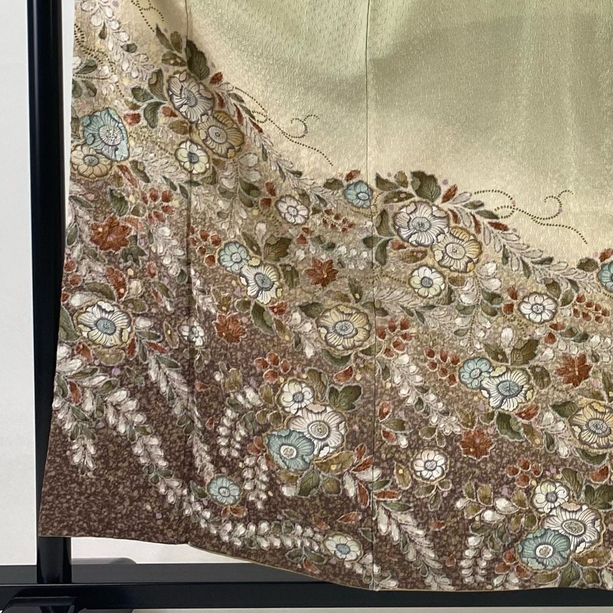 訪問着 身丈157cm 裄丈64cm M 袷 落款 辻が花 金彩 ぼかし 抹茶色 正絹 一つ紋