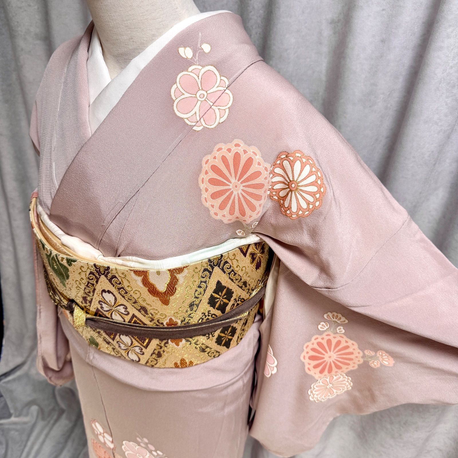 訪問着 袋帯セット 正絹 手挿し友禅 164 66.5 縮緬 くすみ色 七五三 卒業式 入学式 結婚式