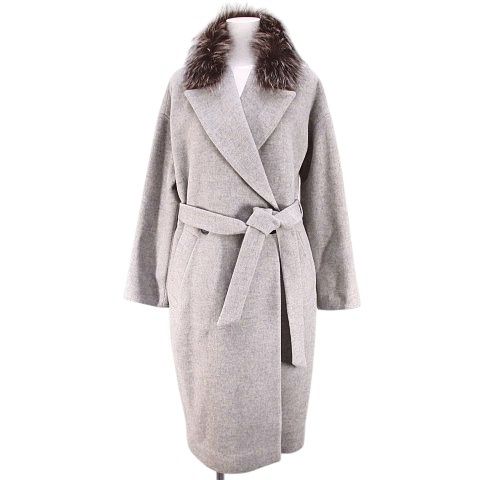 ペセリコ PESERICO チェスターコート ロング丈 38 灰系 グレー フォックス ファー ダブルボタン 裏地 イタリア製 タグ付