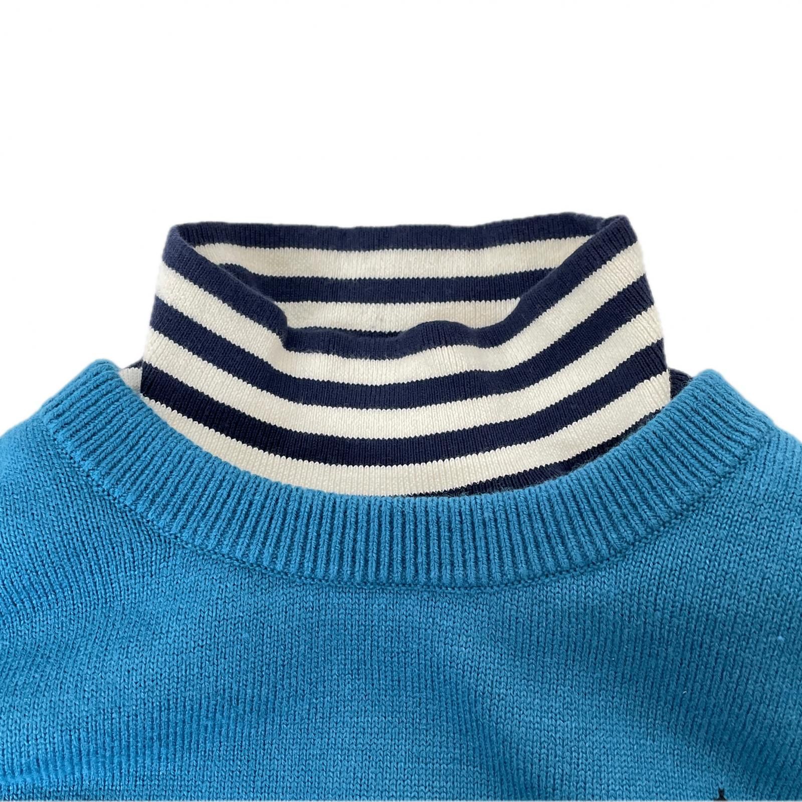 低価格！ メンズ パーリーゲイツ PEARLY GATES ニットアウター 6 LL 青系 白×紺 星柄 クルーネック 裏地付 ハイネック ボーダー 防風 防寒 直線的な