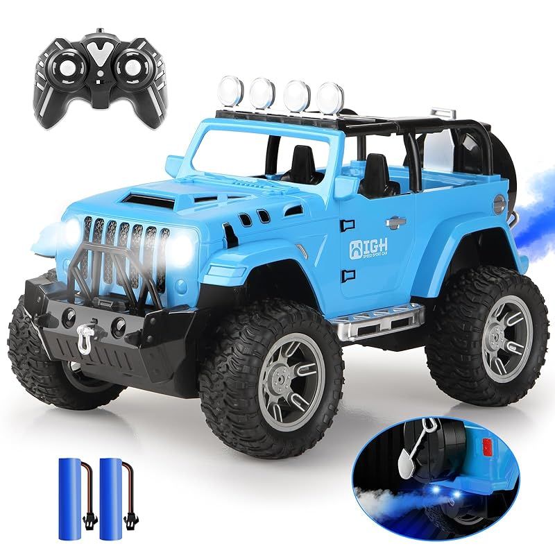 Carox ラジコンカー子供向け 人気 排気機能付き-ラジコン オフロード LED ライト付き- 1/16 RCカー 充電式バッテリー2個付き-2.4GHzリモコン おもちゃ 男の子プレゼント OX29