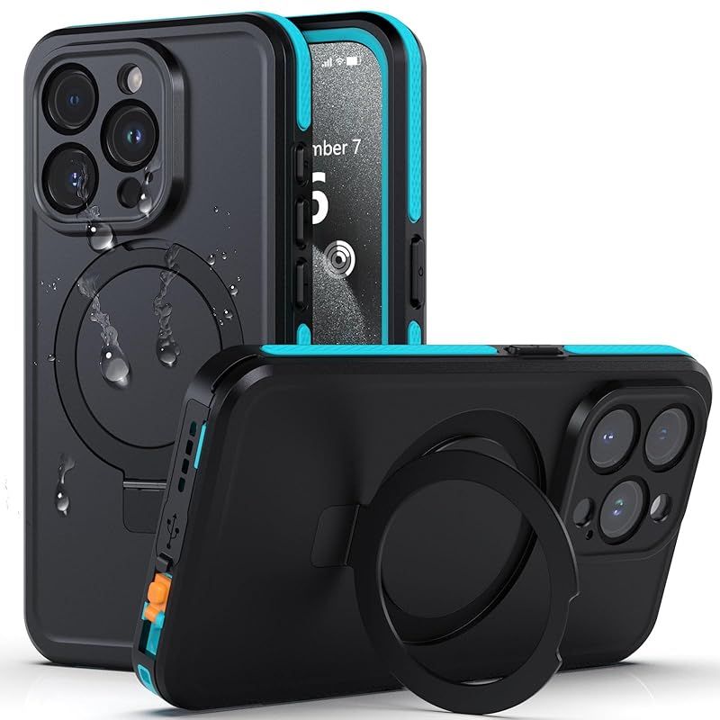 【米軍規格・防水・防塵】UMITTOS iPhone 15 Pro 用 ケース 防水 全面保護 耐衝撃 隠しスタンド MagSafe対応 衝撃吸收 防雪 防塵 薄型 滑り止め 顔認証対応 雨の日、お風呂など適用 防水ケース（6.1イ