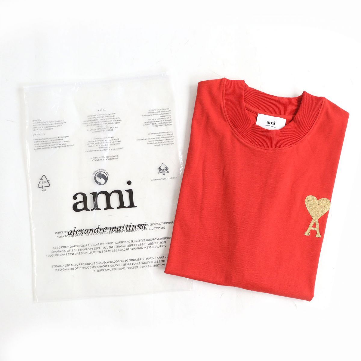 未使用△AMI Alexandre Mattiussi アミ アレクサンドルマテュッシ E21HJ307.760 ハートロゴ刺繍 半袖 Tシャツ  カットソー メンズ レッド XL