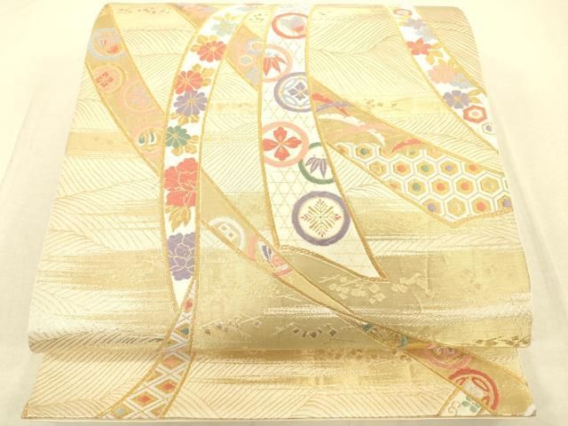 平和屋着物◎六通柄袋帯 唐織 吉祥花鳥丸文 金糸 正絹 逸品