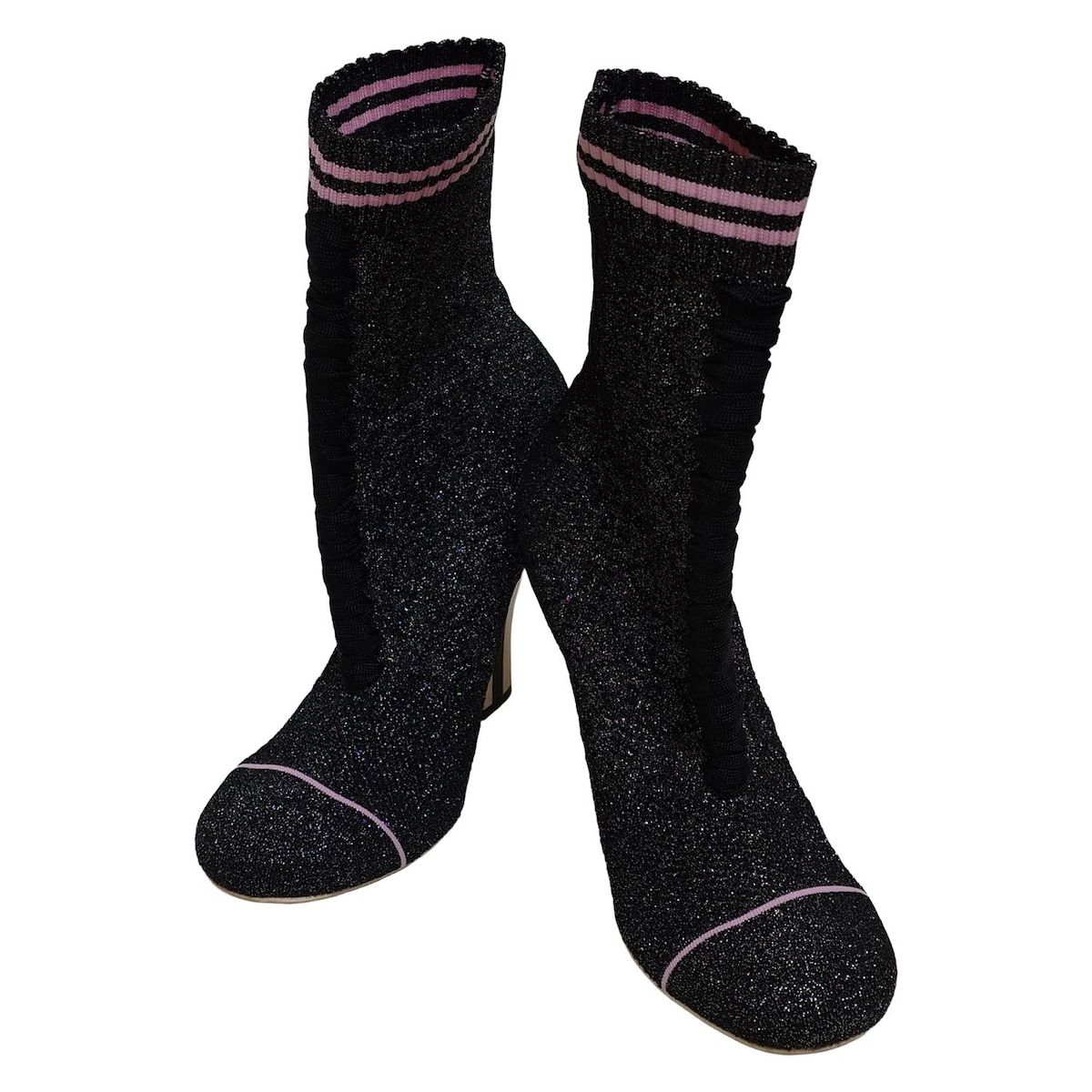 FENDI フェンディ ショートブーツ 37 レディース - 黒×シルバー×ピンク ラメ