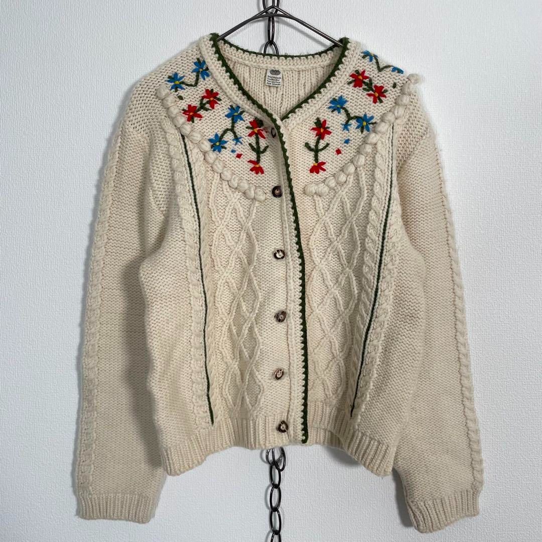 80s 90s ジャーマンヴィンテージ 花柄 刺繍 ケーブルニット ウールカーディガン ホワイト系
