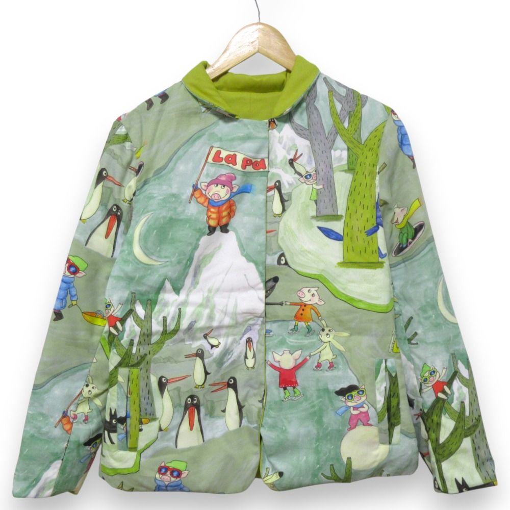 ALBEROBELLO アルベロベロ ぶたさん ペンギン 総柄 リバーシブル ダウンジャケット マルチ ×グリーン レディース 古着