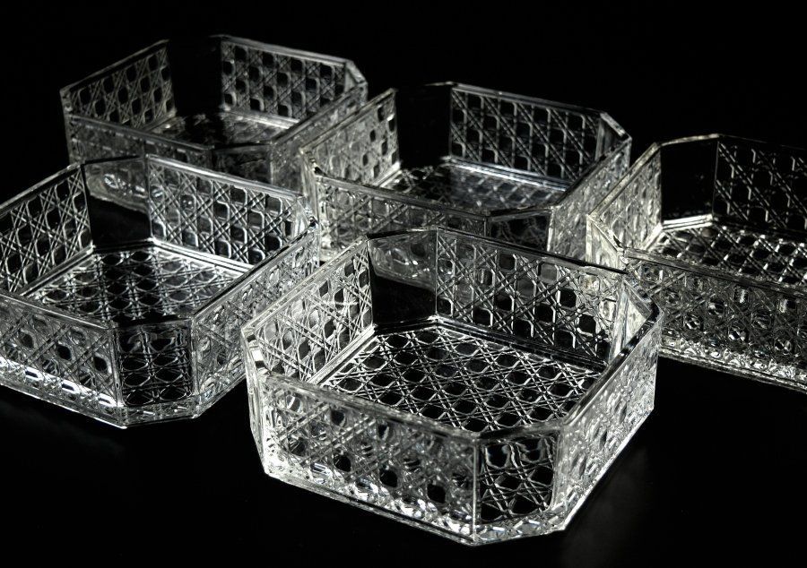 蔵A5208a1 ガラス 籠目紋 四方向付 角鉢 段重 五客