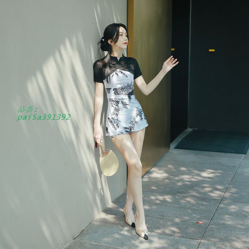 水着 レディース ワンピース ショートパンツ ツーピース 露出 プール ママ水着 キャミ 控えめ 体型 チャイナドレス 風 大人水着 学生 襟付き カバー 海水浴 pai5a391392