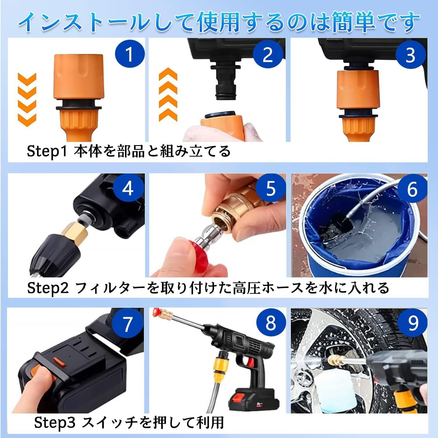 コードレス 充電式 高圧洗浄機 水圧洗浄機 3段階調節圧力 大容量