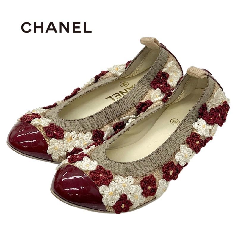 シャネル CHANEL フラットシューズ スリッポン 靴 シューズ ファブリック パテント ボルドー ホワイト バレエシューズ フラワー