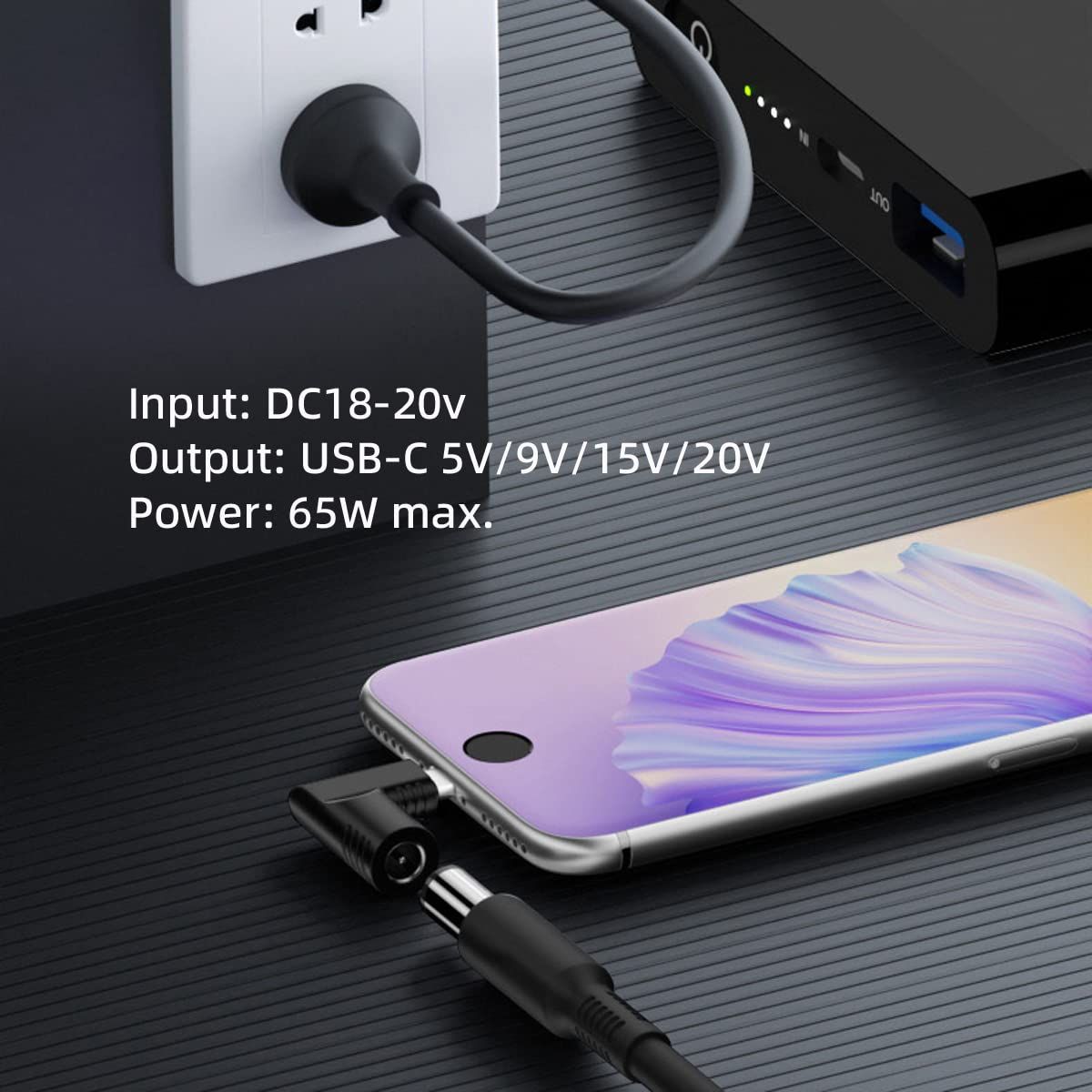 新品 CYアダプターDC 20 Vジャック5.5 x 1.7 mm入力USB-C Type-C出力90度直角電源プラグ充電アダプター65 W